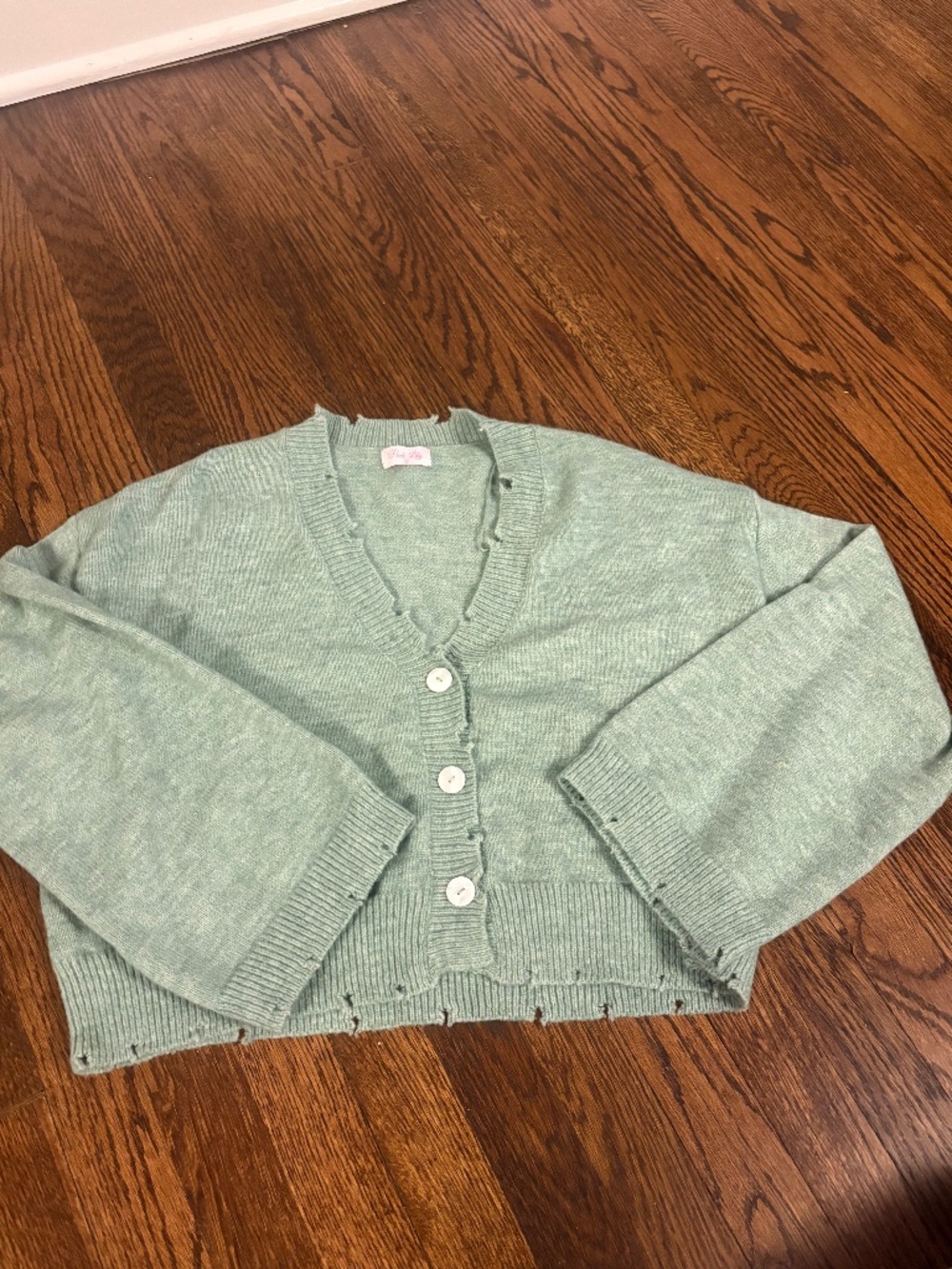 Pink Lily- Distressed Mint Button Up Cardigan Large